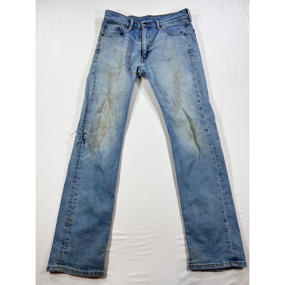 Levis 505 Regular Fit Jeans Mens 30x32 Light Wash Distressed Stained Workwear